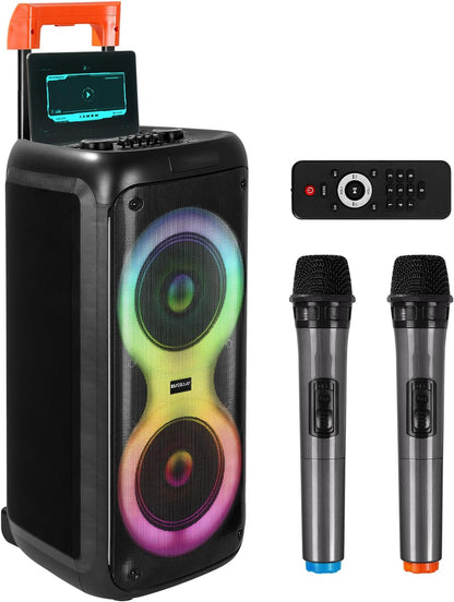 Portable Karaoke Machine with 2 Wireless Mics, Daul 8" Speakers, LED Lights, PA System, Remote, Bass/Treble Adjustment, SD Card/USB, REC Rolling Wheels and Trolley, Auto ducking Function.-0
