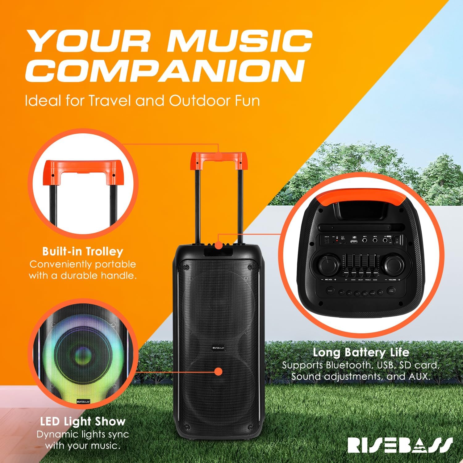 Portable Karaoke Machine with 2 Wireless Mics, Daul 8" Speakers, LED Lights, PA System, Remote, Bass/Treble Adjustment, SD Card/USB, REC Rolling Wheels and Trolley, Auto ducking Function.-2